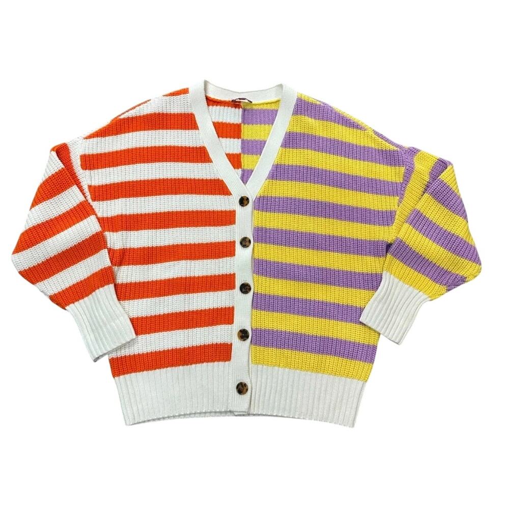 STAUD Essex Cardigan Cabana Stripe Orange Yellow Cream Purple Multi Large V-neck - Picture 14 of 16